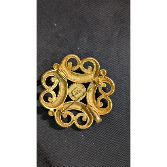 Anne Klein Vintage Gold-Tone Swirl Brooch With Black Stone In Center Circular Pi - Picture 4 of 6
